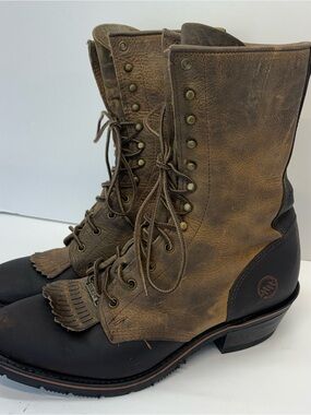 Vtg Double-H Mens Sz 8.5 B Brown Leather Packer Lacer Logger Work Logger Boots